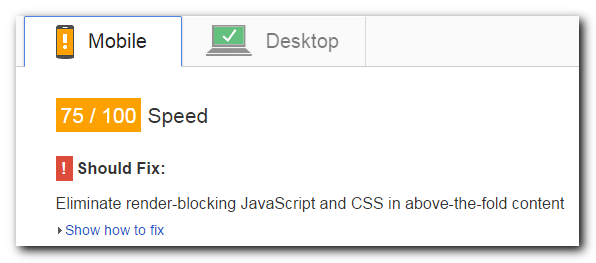 Mobile Pagespeed of 75