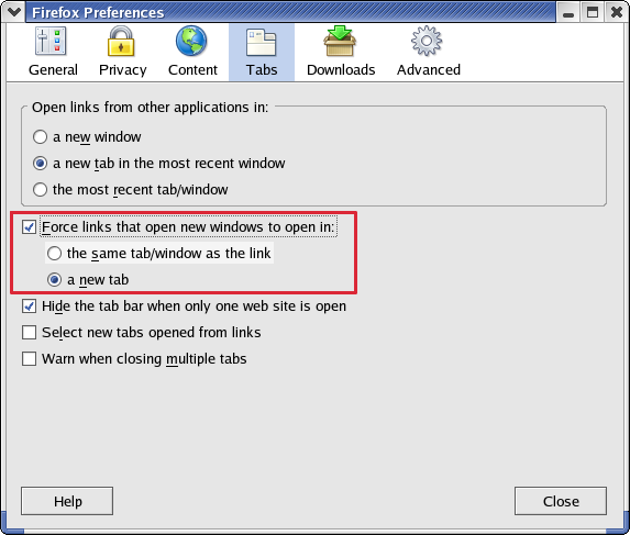 Firefox new window option in Linux